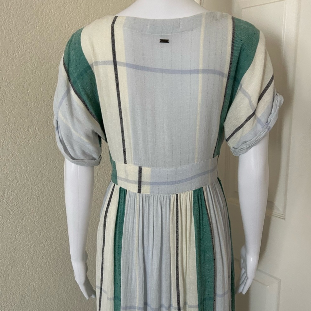 Oneill Reid Multi Striped White Green Button Up Plunge V-Neck Midi Dress Small - Picture 6 of 15